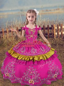 Best Floor Length Fuchsia Little Girls Pageant Dress Satin Sleeveless Beading and Embroidery
