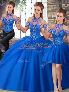 Sleeveless Tulle Brush Train Lace Up Sweet 16 Dresses in Blue with Beading and Pick Ups
