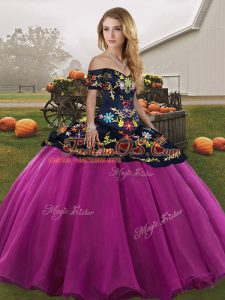 Off The Shoulder Sleeveless Lace Up Quinceanera Dress Fuchsia Tulle