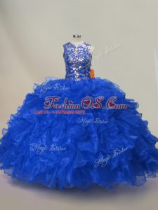 Adorable Royal Blue Lace Up Scoop Ruffles and Sequins 15 Quinceanera Dress Organza Sleeveless