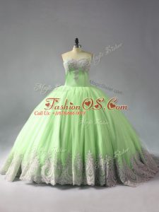 Sweetheart Sleeveless Court Train Lace Up Ball Gown Prom Dress Yellow Green Tulle