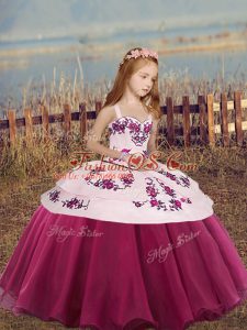 Sleeveless Floor Length Embroidery and Bowknot Lace Up Little Girls Pageant Dress with Fuchsia
