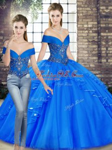 Cute Sleeveless Tulle Floor Length Lace Up Quinceanera Dresses in Royal Blue with Beading and Ruffles