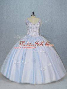 Super V-neck Sleeveless Quince Ball Gowns Floor Length Beading Blue Tulle