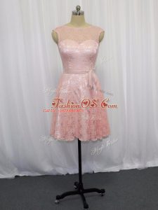 Customized Lace Scoop Sleeveless Zipper Beading and Lace Dress for Prom in Pink
