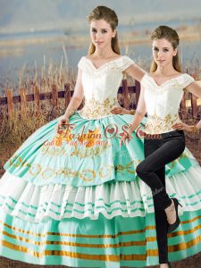 Satin and Organza V-neck Sleeveless Lace Up Embroidery and Ruffled Layers Sweet 16 Quinceanera Dress in Apple Green