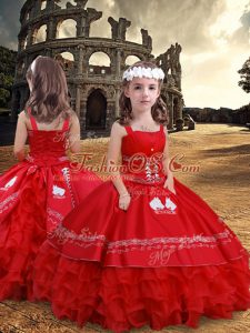 Straps Sleeveless Little Girls Pageant Gowns Floor Length Embroidery and Ruffled Layers Red Satin and Organza
