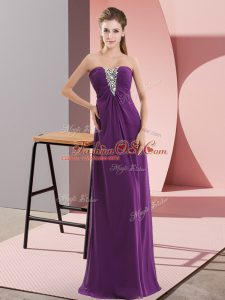 Simple Dark Purple Zipper Evening Dress Beading Sleeveless Floor Length