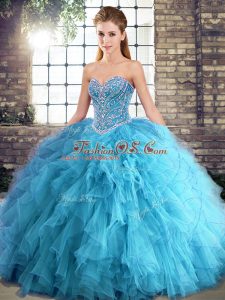 Aqua Blue Sleeveless Floor Length Beading and Ruffles Lace Up 15 Quinceanera Dress
