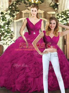 Charming Fuchsia Fabric With Rolling Flowers Backless V-neck Sleeveless Floor Length Quinceanera Gown Beading