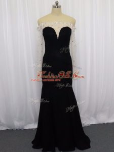 Spectacular Floor Length Black Evening Wear Chiffon Long Sleeves Beading