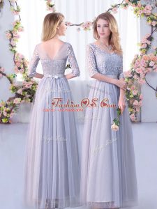Amazing Grey Tulle Side Zipper V-neck Half Sleeves Floor Length Bridesmaid Dress Lace and Belt