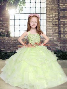 Yellow Green Ball Gowns Tulle Straps Sleeveless Beading Floor Length Lace Up Little Girl Pageant Dress