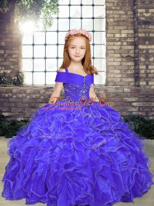 Purple Sleeveless Organza Lace Up Child Pageant Dress for Party and Wedding Party