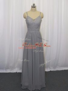 Classical Sleeveless Floor Length Beading and Lace Zipper Prom Party Dress with Grey
