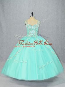 Straps Cap Sleeves Tulle 15 Quinceanera Dress Beading Brush Train Lace Up