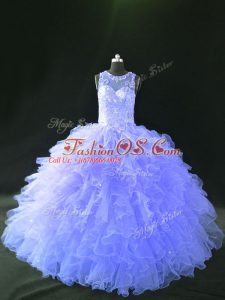Floor Length Lavender Sweet 16 Dress Tulle Sleeveless Beading and Ruffles