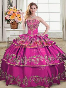 Top Selling Fuchsia Ball Gowns Sweetheart Sleeveless Satin and Organza Floor Length Lace Up Embroidery and Ruffled Layers Sweet 16 Dresses