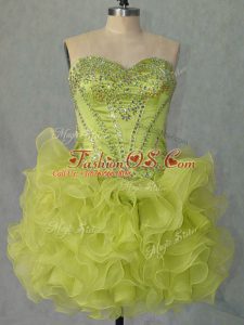 Yellow Green Sleeveless Mini Length Beading and Ruffles Lace Up Prom Evening Gown