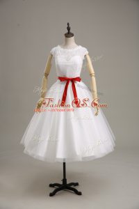 Tulle Short Sleeves Tea Length Bridal Gown and Lace and Belt
