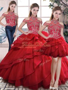 Gorgeous High-neck Sleeveless Organza Vestidos de Quinceanera Beading and Ruffles Lace Up