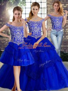 Designer Beading and Lace Sweet 16 Dress Royal Blue Lace Up Sleeveless Brush Train