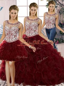 Discount Burgundy Sleeveless Floor Length Beading and Ruffles Lace Up 15 Quinceanera Dress