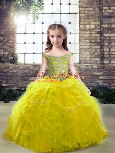 Customized Olive Green Off The Shoulder Neckline Beading and Ruffles Glitz Pageant Dress Sleeveless Lace Up