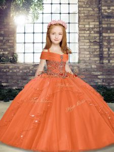 Discount Floor Length Orange Little Girl Pageant Gowns Spaghetti Straps Sleeveless Lace Up