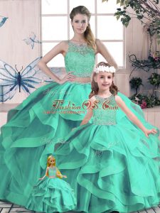 Turquoise Sleeveless Floor Length Beading and Lace and Ruffles Lace Up Quinceanera Dresses