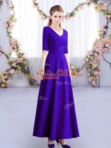 Wonderful Purple Empire V-neck Half Sleeves Satin Ankle Length Zipper Ruching Dama Dress