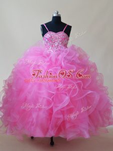 Rose Pink Lace Up Little Girls Pageant Gowns Beading and Ruffles Sleeveless Floor Length