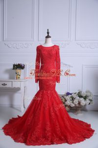 Red Long Sleeves Lace Zipper Prom Dresses