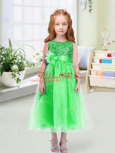 Green Empire Scoop Sleeveless Organza Tea Length Zipper Sequins and Hand Made Flower Toddler Flower Girl Dress