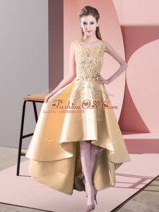 Modest Gold A-line Satin Scoop Sleeveless Lace High Low Zipper Bridesmaid Dress
