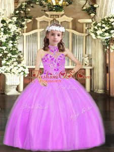Stunning Floor Length Lace Up Girls Pageant Dresses Lilac and In with Appliques