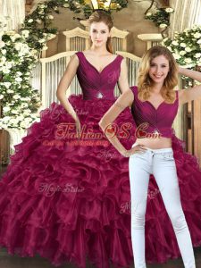 Dynamic Sleeveless Floor Length Beading and Ruffles Backless Ball Gown Prom Dress with Burgundy