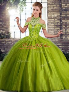 High Quality Ball Gowns Sleeveless Olive Green Sweet 16 Quinceanera Dress Brush Train Lace Up