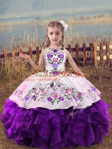 Beautiful Sleeveless Embroidery and Ruffles Lace Up Little Girls Pageant Dress