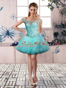 Excellent Aqua Blue Tulle Lace Up Dress for Prom Sleeveless Mini Length Beading and Ruffles