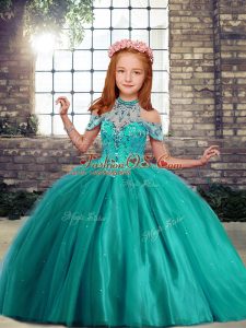 Beading Child Pageant Dress Turquoise Lace Up Sleeveless Floor Length