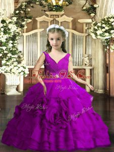Floor Length Purple Pageant Gowns For Girls V-neck Sleeveless Backless