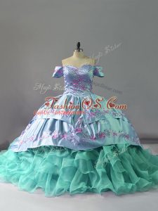 Blue Off The Shoulder Neckline Embroidery and Ruffles 15th Birthday Dress Sleeveless Lace Up
