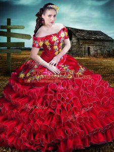 Organza Off The Shoulder Sleeveless Lace Up Embroidery and Ruffles Vestidos de Quinceanera in Red