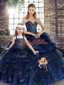 Chic Navy Blue Ball Gowns Beading and Ruffles Quinceanera Gown Lace Up Tulle Sleeveless Floor Length