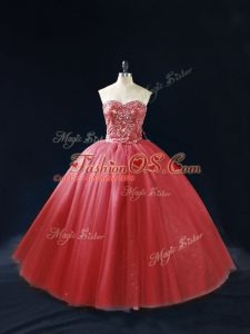 Red Lace Up Sweetheart Beading Quinceanera Gowns Tulle Sleeveless