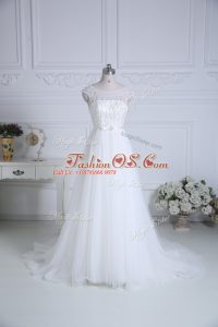 Beading and Belt Bridal Gown White Lace Up Cap Sleeves Brush Train