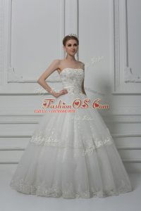 Custom Design Beading and Lace Wedding Dresses White Lace Up Sleeveless Floor Length