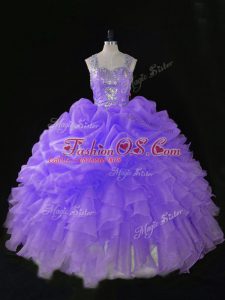 Exceptional Lavender Ball Gowns Straps Sleeveless Organza Floor Length Zipper Beading and Ruffles and Pick Ups Quinceanera Dress