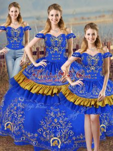 Satin Off The Shoulder Sleeveless Lace Up Embroidery Sweet 16 Quinceanera Dress in Blue